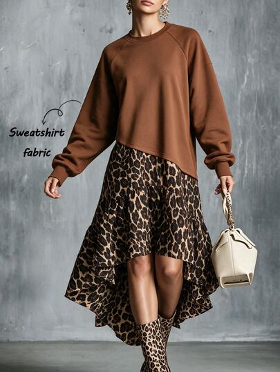 SHEIN Autumn/Winter Brown Leopard Print Patchwork Crew Neck Drop Shoulder Ruffled Ribbed Cuffs Long Sleeve Women's Sweatshirt Dress, Music Festival.
