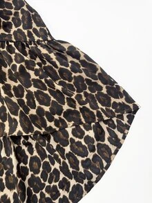 SHEIN Autumn/Winter Brown Leopard Print Patchwork Crew Neck Drop Shoulder Ruffled Ribbed Cuffs Long Sleeve Women's Sweatshirt Dress, Music Festival. - Brown - View 6