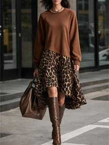 SHEIN Autumn/Winter Brown Leopard Print Patchwork Crew Neck Drop Shoulder Ruffled Ribbed Cuffs Long Sleeve Women's Sweatshirt Dress, Music Festival. - Brown - View 7