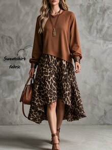 SHEIN Autumn/Winter Brown Leopard Print Patchwork Crew Neck Drop Shoulder Ruffled Ribbed Cuffs Long Sleeve Women's Sweatshirt Dress, Music Festival. - Brown - View 9