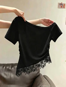 Franclia 女款蕾絲拼接休閒日常短袖T恤 - 黑色 - 查看 2