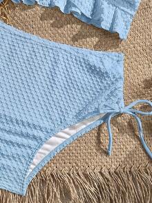 Swim Vcay Women's Solid Color Textured Fabric Sweet Ruffle Drawstring High Waist Cropped Camisole Bikini Top For Beach Vacation - Baby Blue - View 5