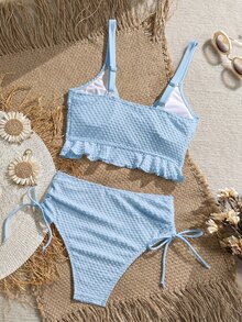 Swim Vcay Women's Solid Color Textured Fabric Sweet Ruffle Drawstring High Waist Cropped Camisole Bikini Top For Beach Vacation - Baby Blue - View 2