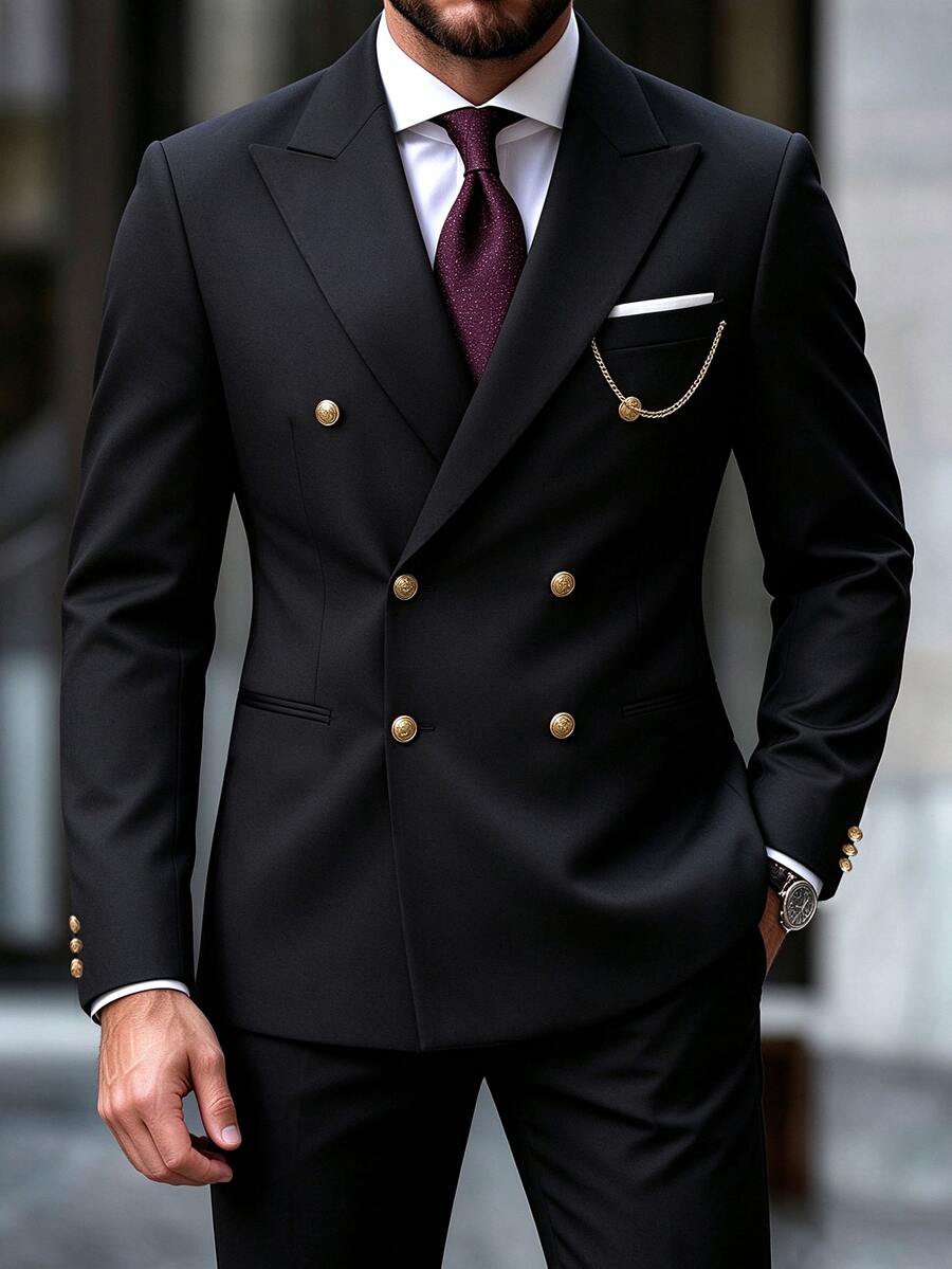 Manfinity Mode Men's Black Peak Lapel Vintage Gold Metal Button Slim Fit Business 2 Pieces Suit Set - Black - View 1