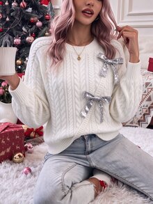 SHEIN Clasi Autumn/Winter New White Twisted Rope Cable Knit Round Neck Long Sleeve Sequin Bow Casual Elegant Women's Pullover Sweater - White - View 2