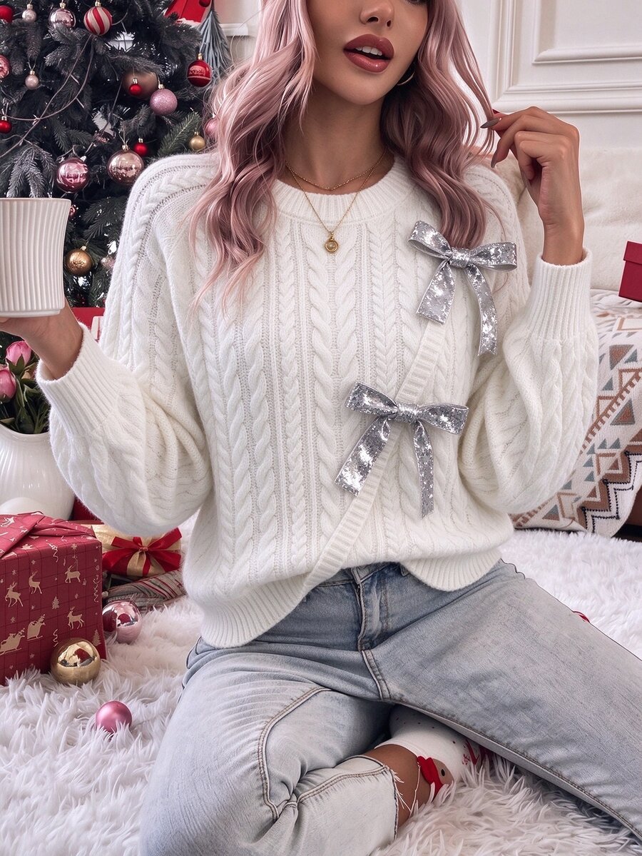 SHEIN Clasi Autumn/Winter New White Twisted Rope Cable Knit Round Neck Long Sleeve Sequin Bow Casual Elegant Women's Pullover Sweater