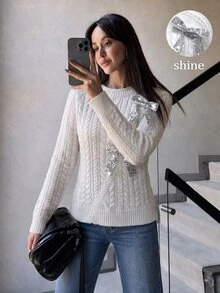 SHEIN Clasi Autumn/Winter New White Twisted Rope Cable Knit Round Neck Long Sleeve Sequin Bow Casual Elegant Women's Pullover Sweater - White - View 4