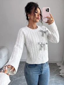 SHEIN Clasi Autumn/Winter New White Twisted Rope Cable Knit Round Neck Long Sleeve Sequin Bow Casual Elegant Women's Pullover Sweater - White - View 7