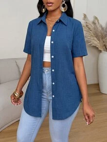 Xyvia Women's Casual Daily Commute Minimalist Solid Color Short Sleeve Split Curved Hem Slim Fit Shirt, Summer - Medium Wash - View 3