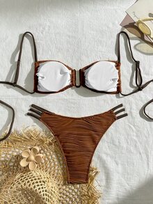 SHEIN Swim 夏季海滩纯色细肩带荷叶边比基尼两件套 - 棕色 - 查看 2