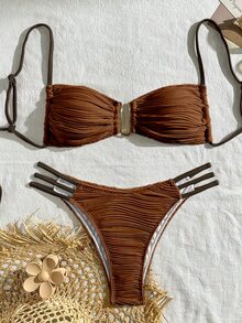 SHEIN Swim 夏季海滩纯色细肩带荷叶边比基尼两件套 - 棕色 - 查看 4