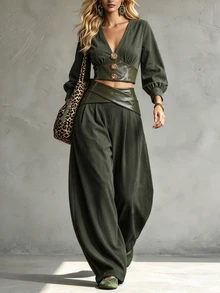 Breezaya Ladies' Fall Two Pieces Set: Commuter Retro Elegant Olive Green Deep V-Neck Bell-Sleeve Top + Loose Casual Wide-Leg Curved Pants Night Out Date Night - Dark Green - View 3