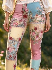 SHEIN LUNE 女款復古時尚度假長褲，嘉年華花卉圖案印花，適合日常戶外度假穿著 - 彩色 - 查看 3