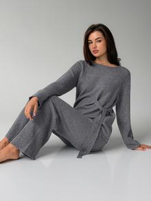 Livesso Women's Solid Color Long Sleeve Top And Pants Casual Daily Loungewear Set Fall - Grey - View 9