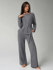 Livesso Women's Solid Color Long Sleeve Top And Pants Casual Daily Loungewear Set Fall - Grey - View 14