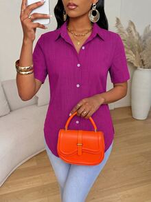 Xyvia Summer Casual Side Slit Curved Hem Shirt - Violet Purple - View 4