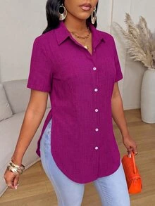 Xyvia Summer Casual Side Slit Curved Hem Shirt - Violet Purple - View 3