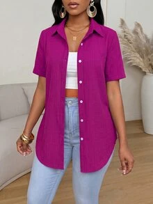 Xyvia Summer Casual Side Slit Curved Hem Shirt - Violet Purple - View 5