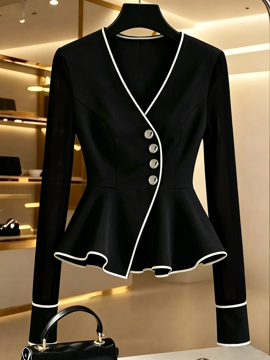GlowEve Fall Clothes FOR WomenWomen's Elegant Commute Contrast Trim Waist-Cinching Blouse - Black - View 1