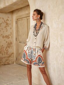 Breezaya Women's Bohemian Style Embroidered Faux Linen Shirt And Paisley Print Shorts Set, Casual 2 Pieces Outfit For Spring, Summer, Autumn Vacation Beige - Khaki - View 4