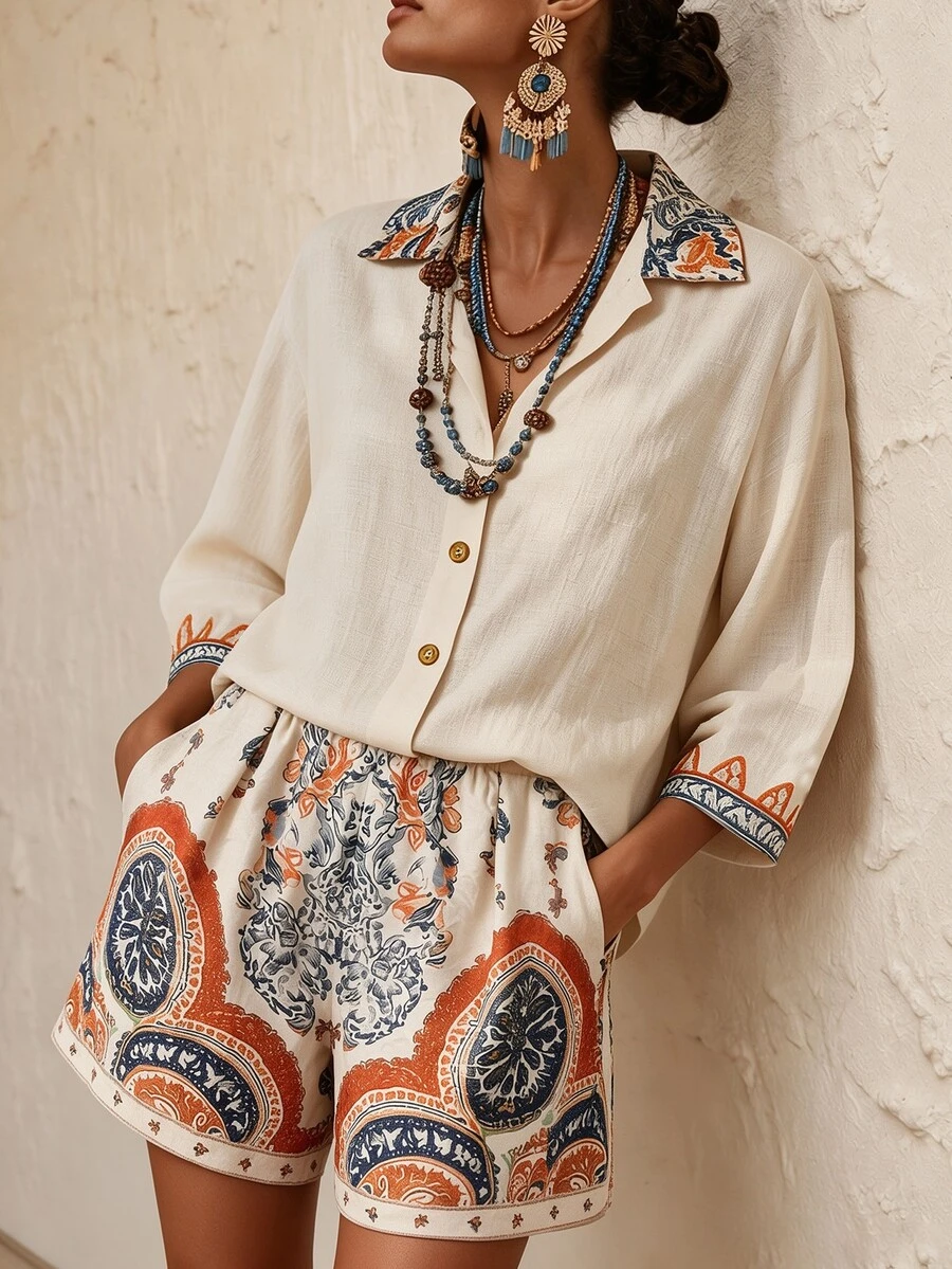 Breezaya Women's Bohemian Style Embroidered Faux Linen Shirt And Paisley Print Shorts Set, Casual 2 Pieces Outfit For Spring, Summer, Autumn Vacation Beige - Khaki - View 1