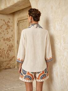 Breezaya Women's Bohemian Style Embroidered Faux Linen Shirt And Paisley Print Shorts Set, Casual 2 Pieces Outfit For Spring, Summer, Autumn Vacation Beige - Khaki - View 2