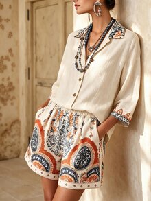 Breezaya Women's Bohemian Style Embroidered Faux Linen Shirt And Paisley Print Shorts Set, Casual 2 Pieces Outfit For Spring, Summer, Autumn Vacation Beige - Khaki - View 3