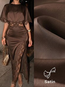 SHEIN Tall CURVE Plus Size Sexy Elegant Lace Patchwork Cutout Bodycon Dress Party Night Cocktail Brown Summer - Coffee Brown - View 7