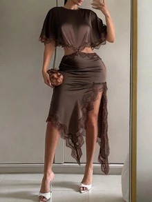 SHEIN Tall CURVE Plus Size Sexy Elegant Lace Patchwork Cutout Bodycon Dress Party Night Cocktail Brown Summer - Coffee Brown - View 3