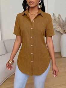 Xyvia Summer Casual Elegant Side Slit Curved Hem Shirt Brunch Travel Shades Of Brown Office Everyday - Ginger - View 5