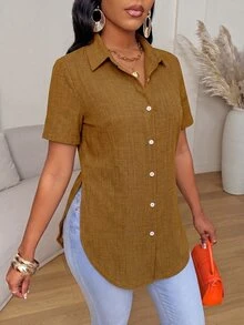 Xyvia Summer Casual Elegant Side Slit Curved Hem Shirt Brunch Travel Shades Of Brown Office Everyday - Ginger - View 3