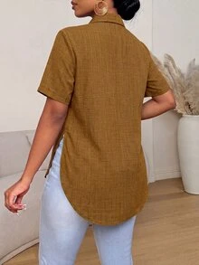 Xyvia Summer Casual Elegant Side Slit Curved Hem Shirt Brunch Travel Shades Of Brown Office Everyday - Ginger - View 2