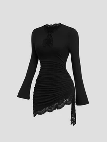 Sweetra American Spicy Girl Style Unique Button Hollow Neckline Exquisite Lace Patchwork Design Waist-Cinching Slimming Flare Sleeve Bodycon Ruched Spring Long Sleeve Minimalist Versatile Minimalist Sexy Women's Short Dress - Black - View 4
