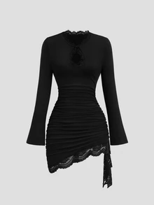 Sweetra American Spicy Girl Style Unique Button Hollow Neckline Exquisite Lace Patchwork Design Waist-Cinching Slimming Flare Sleeve Bodycon Ruched Spring Long Sleeve Minimalist Versatile Minimalist Sexy Women's Short Dress - Black - View 2