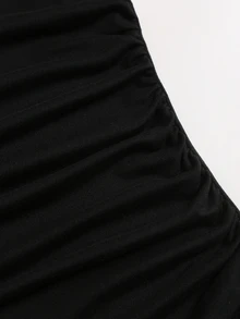 Sweetra American Spicy Girl Style Unique Button Hollow Neckline Exquisite Lace Patchwork Design Waist-Cinching Slimming Flare Sleeve Bodycon Ruched Spring Long Sleeve Minimalist Versatile Minimalist Sexy Women's Short Dress - Black - View 7