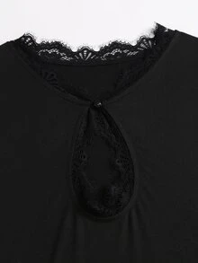 Sweetra American Spicy Girl Style Unique Button Hollow Neckline Exquisite Lace Patchwork Design Waist-Cinching Slimming Flare Sleeve Bodycon Ruched Spring Long Sleeve Minimalist Versatile Minimalist Sexy Women's Short Dress - Black - View 6