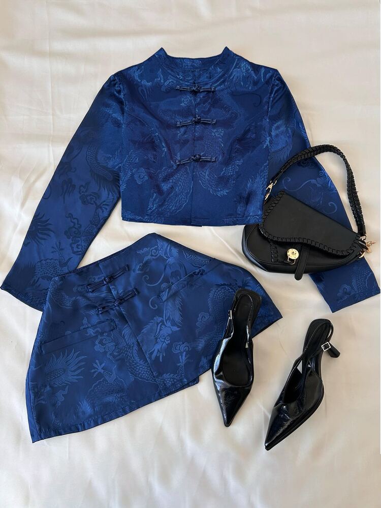 Franclia Setelan 2 Potong Motif Naga Pola Gelap Biru Tua Gaya Cina Musim Semi/Gugur, Atasan Kerah Tegak Kancing Katak Lengan Pendek Mengembang + Celana Pendek A-Line Pinggang Tinggi, Cheongsam Modifikasi Vintage, Pakaian Perjalanan/Komunikasi yang Melangsingkan - Navy Blue - View 4