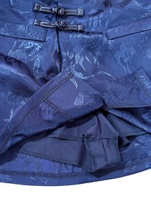 Franclia Spring/Autumn New Chinese Style Navy Blue Dark Pattern Dragon Motif 2 Pieces Set, Stand Collar Frog Button Short Puff Sleeve Top + High Waist A-Line Shorts, Vintage Modified Cheongsam Slimming Commute Travel Outfit - Navy Blue - View 6