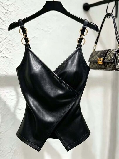 Resyla Women's Solid Color PU Leather Criss-Cross Chain Strap Fashion Camisole Halloween Club Going Out Black Summer Sexy