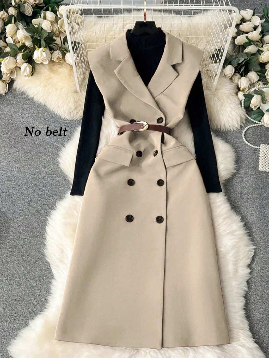 Elenzga Casual Solid Color Sleeveless Double-Breasted Suit Jacket - Apricot - View 1