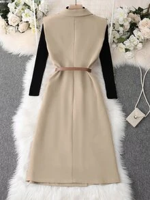 Elenzga Casual Solid Color Sleeveless Double-Breasted Suit Jacket - Apricot - View 2