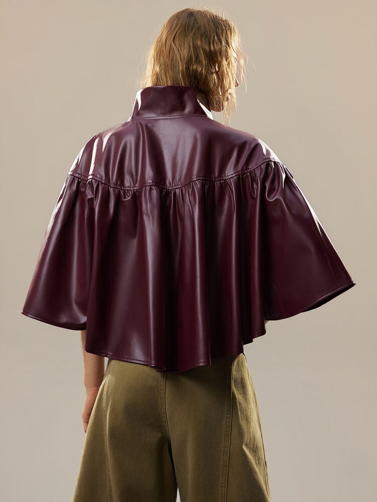 SHEIN Women's Stand Collar Elegant Ruffle Mid-Sleeve Zipper Cardigan Loose Slimming Fashionable Vintage Versatile Short Jacket - Burgundy - View 2