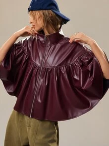 SHEIN Women's Stand Collar Elegant Ruffle Mid-Sleeve Zipper Cardigan Loose Slimming Fashionable Vintage Versatile Short Jacket - Burgundy - View 4
