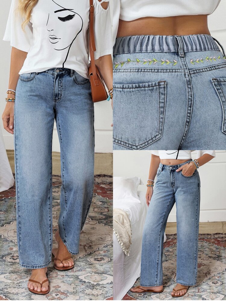 EMERY ROSE Plus Size Women Autumn/Winter Floral Embroidered Washed Slant Pocket Jeans - Blue - View 1
