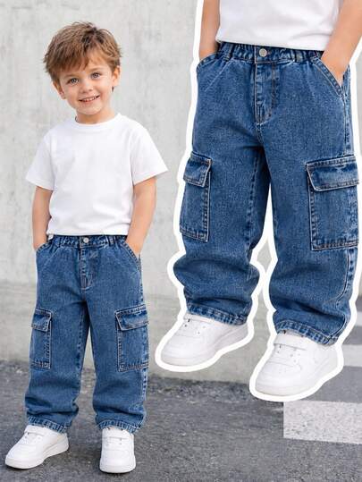 Genkimix Kids Young BoyCasual Loose Fit Straight Leg Contrast Stitching Cargo Jeans Autumn Fall