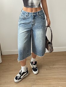 SHEIN EZwear Women's Fashion Frayed Hem Loose Casual Denim Shorts - Light Wash - View 6