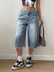 SHEIN EZwear Women's Fashion Frayed Hem Loose Casual Denim Shorts - Light Wash - View 4