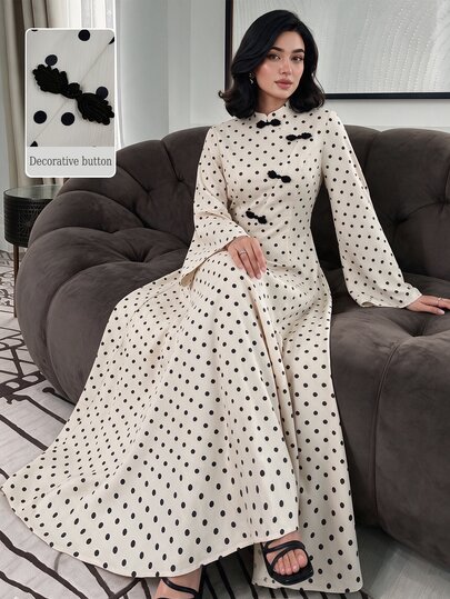 Yasmyna Women Polka Dot Stand Collar Long Sleeve Dress, Chinese Knot Decor Flare Sleeve A Line Long Gown, Modest Fall Winter Party & Daily Wear Dress