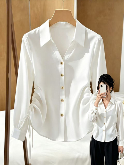 GlowEve CURVE Women's Autumn/Winter New Casual Elegant Commute, Soft White Fabric, V-Neck Hem Drawstring Design, Fitted Versatile Long Sleeve Blouse, Elegant Women's Blouse, Autumn/Winter Women's Blouse, Autumn Outfit, Outing Top, Women's Commute Outfit, Vacation Blouse, Women's Casual Blouse, Women's Elegant Top