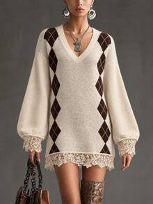 Balvessa Women's Elegant Diamond Quilted Jacquard Lace Patchwork Sweater Dress - Beige - View 4